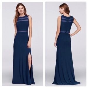 NightWay Collections navy blue illusion mesh striped popover formal gown 10 qq15